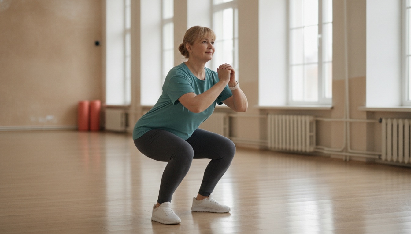 Mujer de mediana edad realizando una sentadilla en una sala de ejercicio luminosa