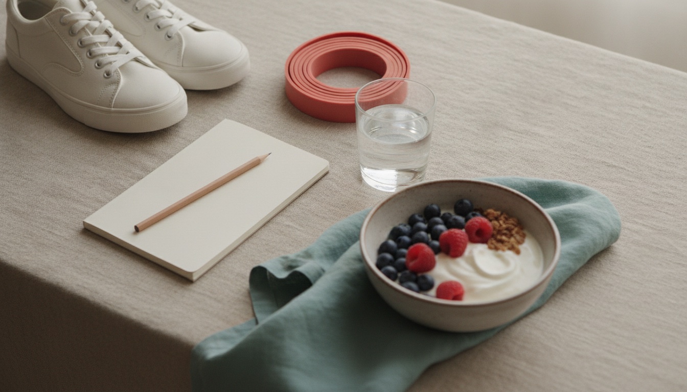 Zapatillas, banda elástica, cuaderno, vaso de agua y un cuenco de yogur con frutos rojos sobre un mantel de lino