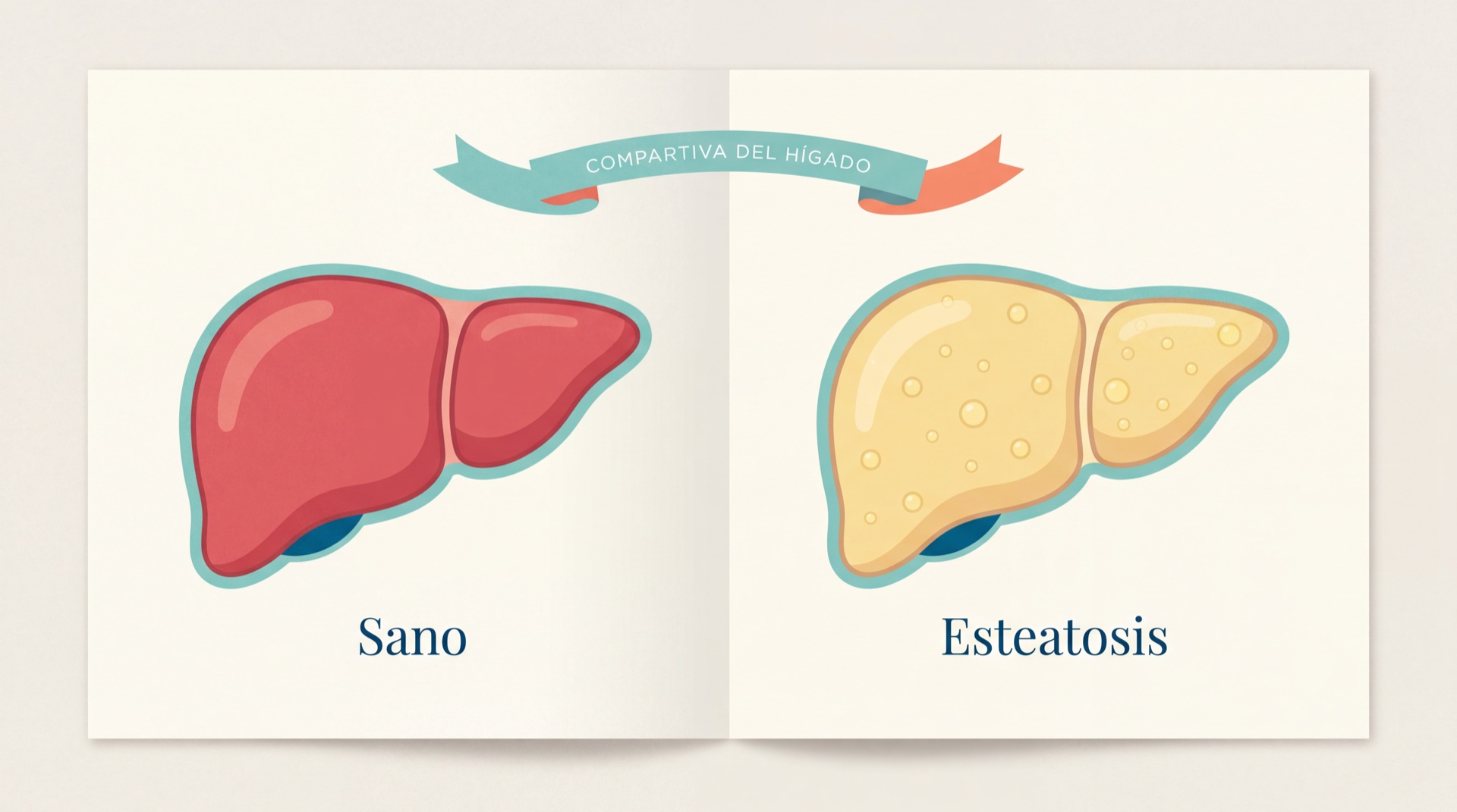 Ilustración editorial comparando un hígado sano y un hígado con esteatosis