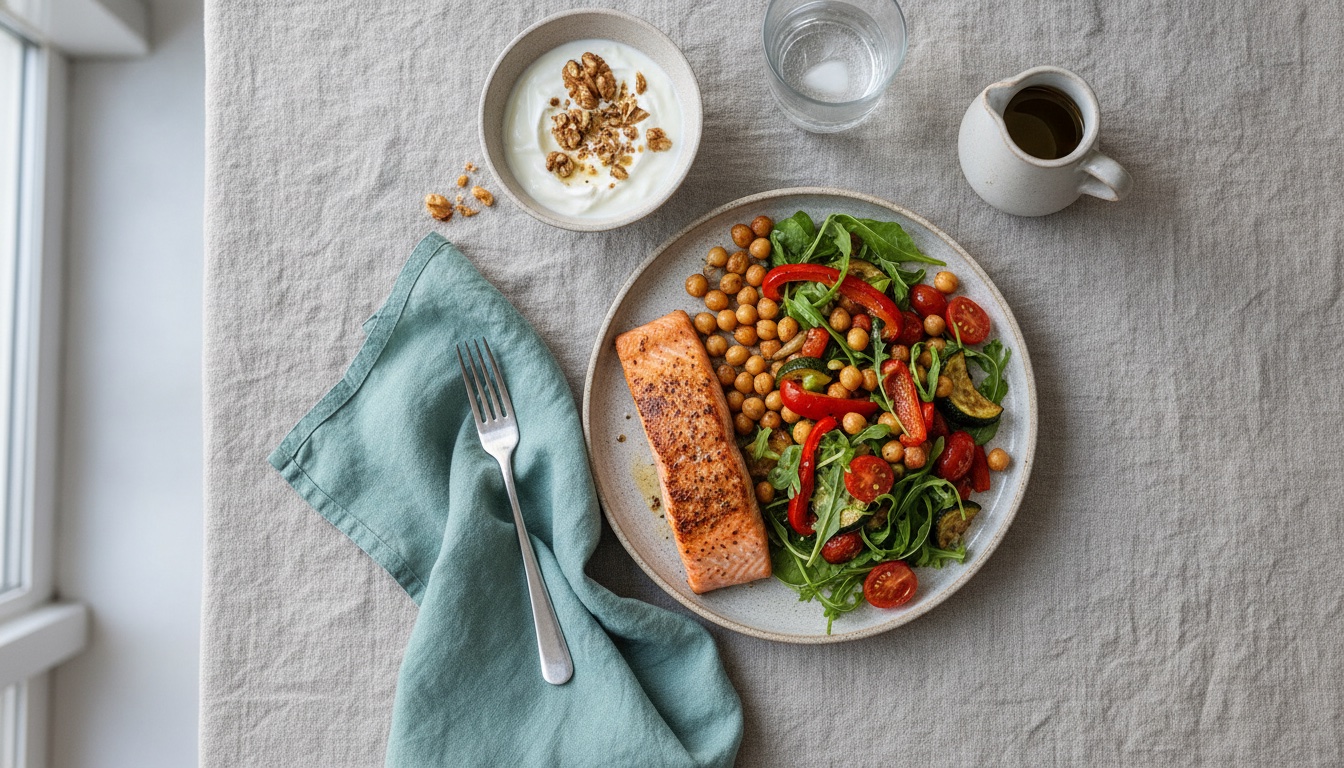 Plato con salmón a la plancha, garbanzos y verduras, junto a un cuenco de yogur con nueces